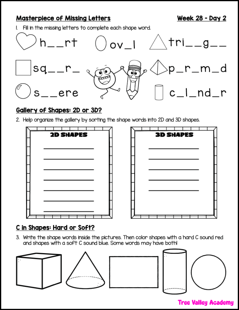 Printable 3rd grade worksheet with missing letter activities, 2D and 3D shape sorting, and hard and soft C phonics practice.