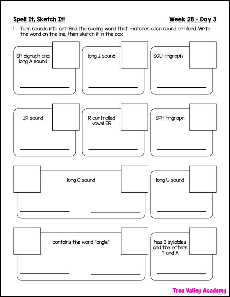 3rd grade phonics and spelling worksheet with shape vocabulary, vowel sounds, blends, syllables, and drawing activities.