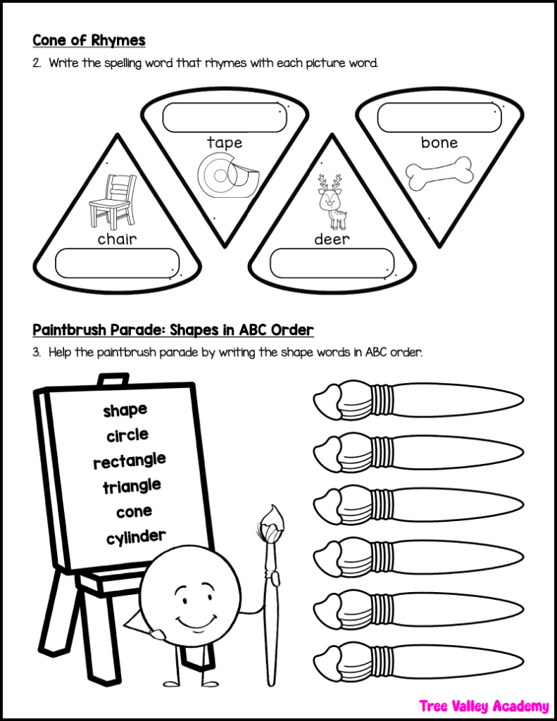3rd grade spelling worksheet with rhyming words and alphabetical order activities using shape vocabulary words.