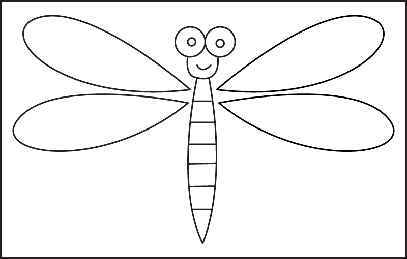 The drawing of a cute, easy-to-draw cartoon dragonfly for kids.