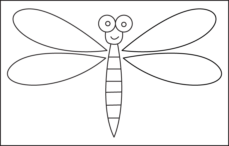 The drawing of a cute, easy-to-draw cartoon dragonfly for kids.