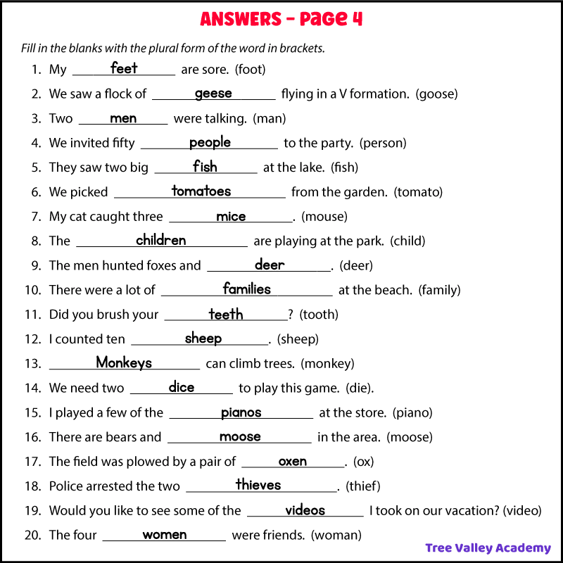 The answers for a free printable singular to plural nouns worksheet with sentences.