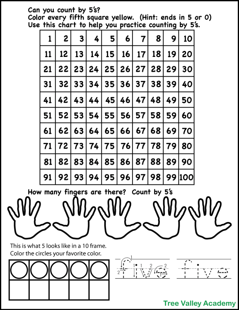 A black and white printable skip counting by 5 math worksheet.  There's a 100's chart where kids will color every 5th square yellow to learn to count by 5's.  Then kids are asked to count how many fingers there are on 5 hands.  They are asked to count by 5's.  They are also asked to color 5 circles in a 10 frame.  And there are 2 spots where kids will trace the number word five.