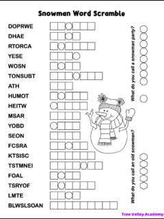 Free printable snowman word scramble with 19 jumbled words ranging from 3 to 9 letters long. There are designated squares, hexagons, and circles to write the letters of the unscrambled words. When the puzzle is complete, the letters in hexagons and circles will spell the punchline to 2 different snowman jokes: 