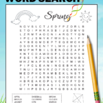 A black and white printable spring word search for kids. There are 21 hidden words for kids to find in a 17 X 17 grid of uppercase letters. There are images on the puzzle that kids can color if they wish to. There's an image of a happy girl flying a kite, a sun, and a rainbow with clouds.