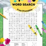 A free printable spring word search. The black and white printable word find has 21 words for kids to find. They are hidden in a 17 X 17 grid of uppercase letters. There are images on the puzzle that kids can color if they wish to. There's an image of a happy girl flying a kite, a sun, and a rainbow with clouds.