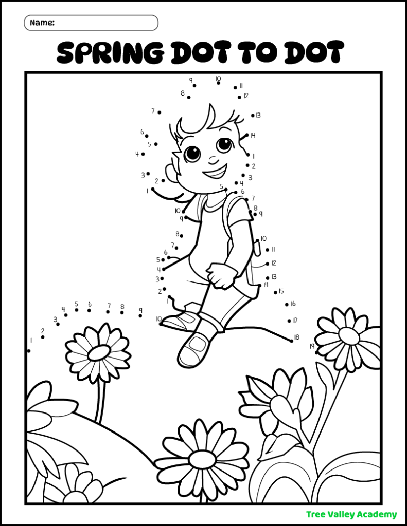 A printable spring connect the dots coloring page of a child sitting outside in an area with spring flowers. The picture has 4 different sections of dots for a total of 53 dots to connect. The dots to join begin at 1 and don't go higher than 19.