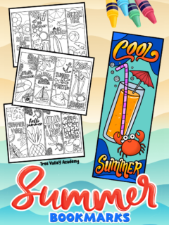 3 printable summer coloring pages with 4 cute bookmarks to color on each page.