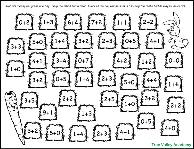 A black and white printable addition maze. There are 42 piles of hay each with a simple addition question. There's a bunny on one side and a carrot on the other. Children need to color the hay piles to help the bunny get to the carrot.