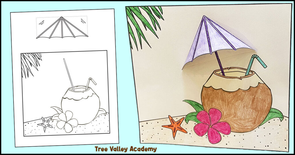 Free printable black and white 3D tropical drink coloring page on the left and finished colored drink with 3D umbrella on the right.
