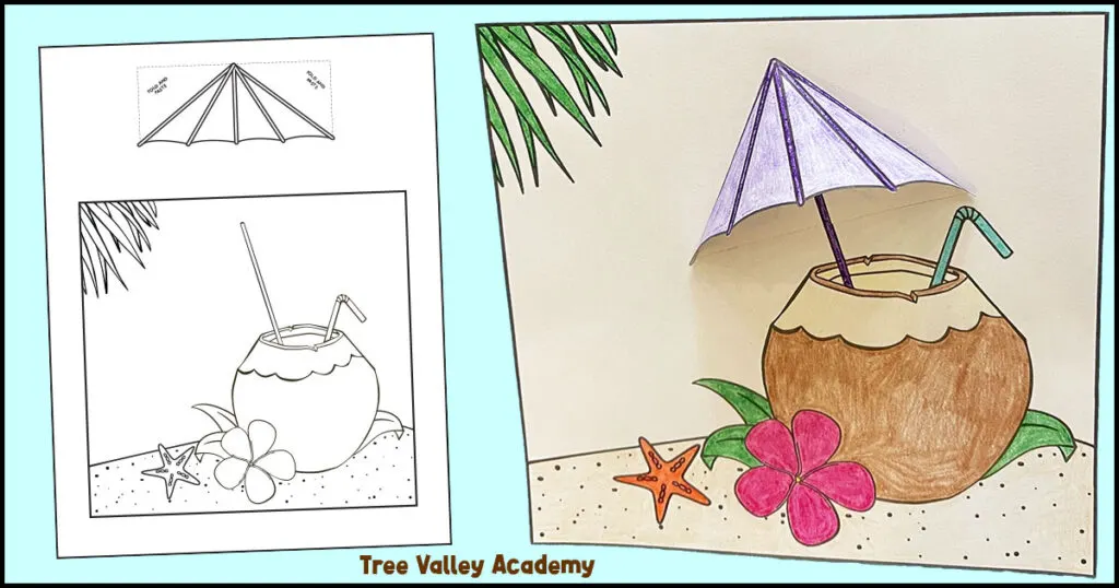 Free printable black and white 3D tropical drink coloring page on the left and finished colored drink with 3D umbrella on the right.