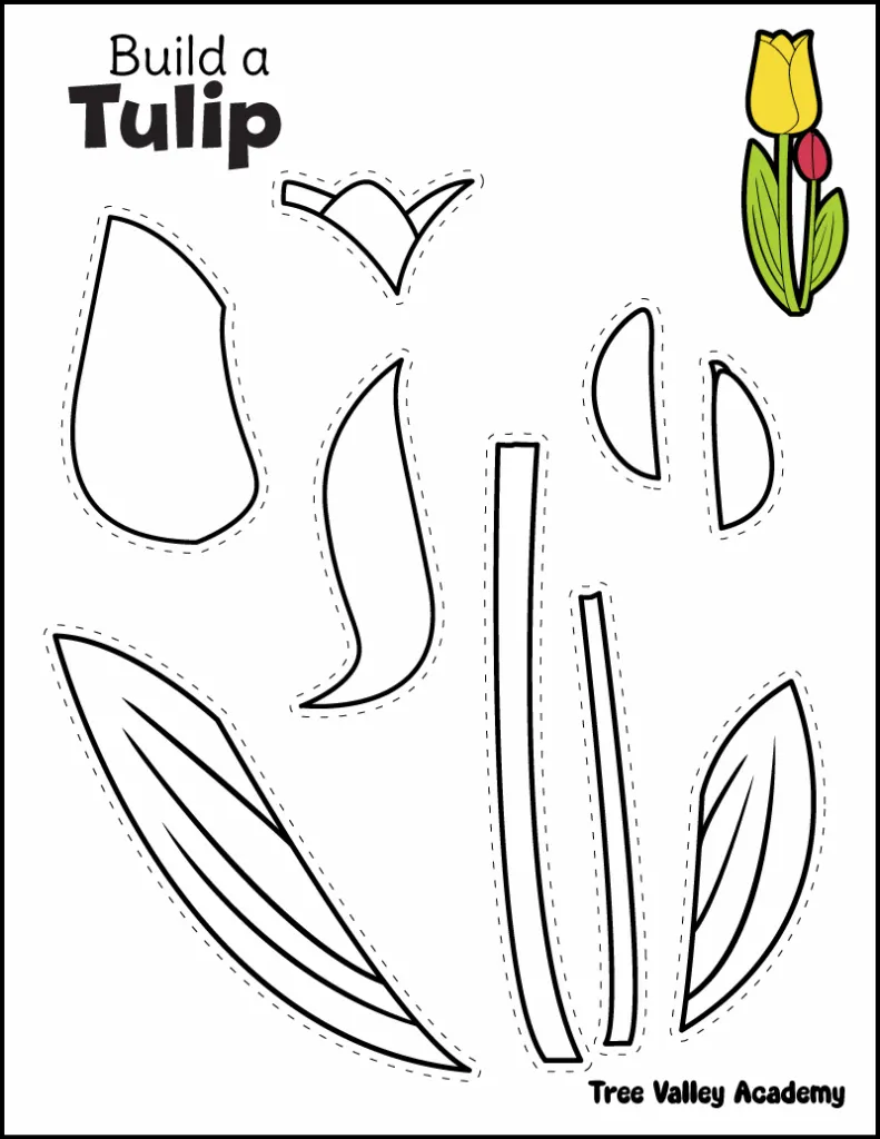 Tulip flower cut and paste craft printable for kids spring activity.