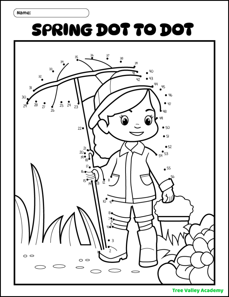 A printable spring dot to dot coloring page of a girl standing under the umbrella she is holding. The dots to join begin at 1 and end at 56.