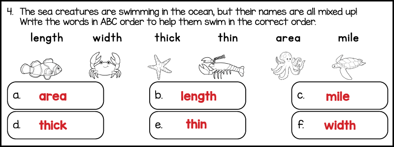 under the sea 3rd grade spelling worksheet answer key with words in alphabetical order including area length mile thick thin and width