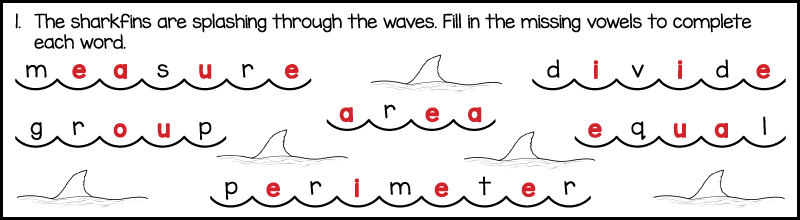 under the sea 3rd grade spelling worksheet answer key showing completed missing vowels words like measure, divide, area, group, and perimeter