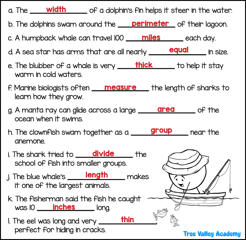 under the sea 3rd grade spelling worksheet answer key with missing words filled in using math vocabulary like length, width, perimeter, and area