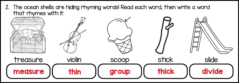 under the sea 3rd grade spelling worksheet answer key showing rhyming words like treasure (measure), violin (thin), scoop (group), stick (thick), and slide (divide)