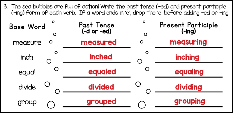 under the sea 3rd grade spelling worksheet answer key showing past tense and present participle forms like measured measuring and divided dividing