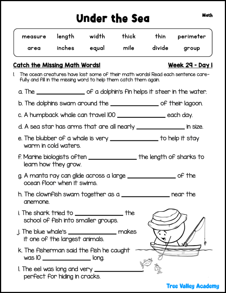 Under the sea themed 3rd grade spelling worksheet where students fill in missing math words like length, width, perimeter, and area