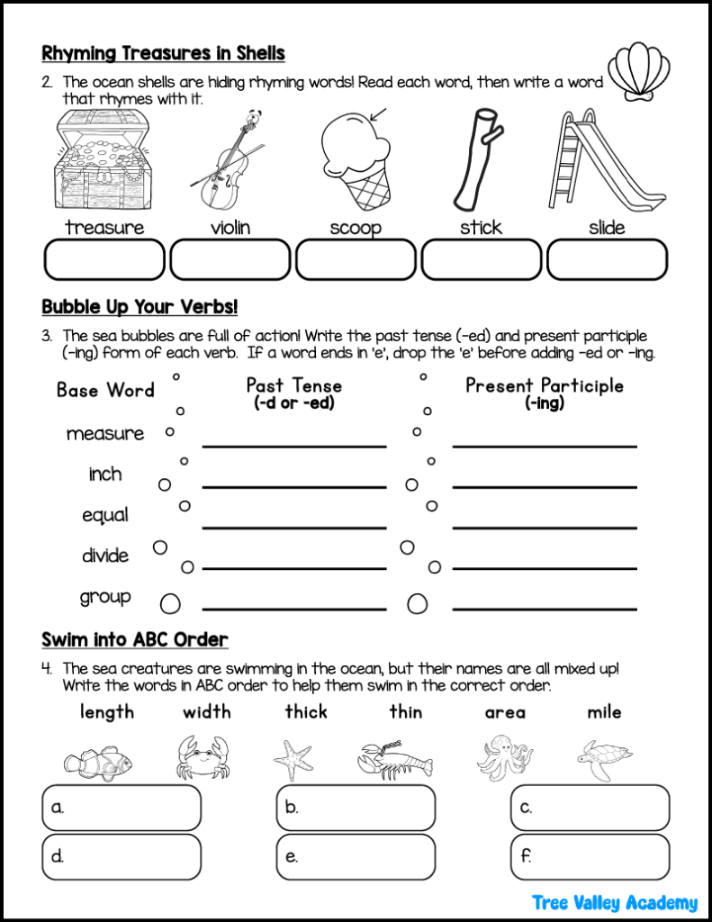 Under the sea 3rd grade spelling worksheet with rhyming words, verb tense practice, and ABC order activities