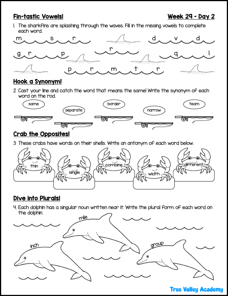 Under the sea 3rd grade spelling worksheet with missing vowels, synonyms, antonyms, and plural noun activities