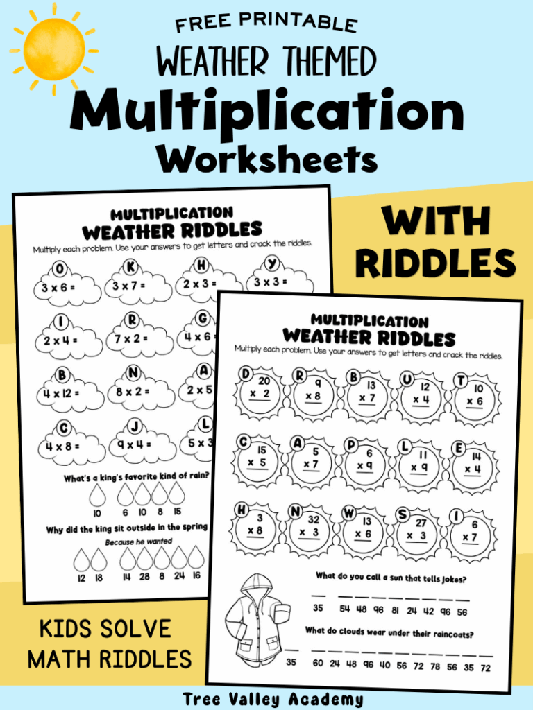Free printable weather themed multiplication worksheets with riddles for kids, practicing 2, 3, and 4 times tables and mixed multiplication problems.