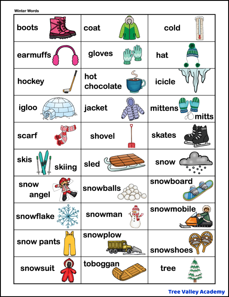 A printable with 32 winter words with pictures. There's a picture and word for boots, coat, cold, earmuffs, gloves, hat, hockey, hot chocolate, icicle, igloo, jacket, mittens (mitts), scarf, shovel, skates, skis (skiing), sled, snow, snow angel, snowballs, snowboard, snowflake, snowman, snowmobile, snow pants, snowplow, snowshoes, snowsuit, toboggan, and tree.